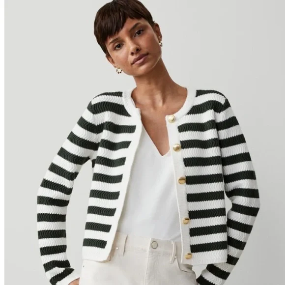 Striped Green and White Cardigan Petite XS NWOT - Picture 1 of 7
